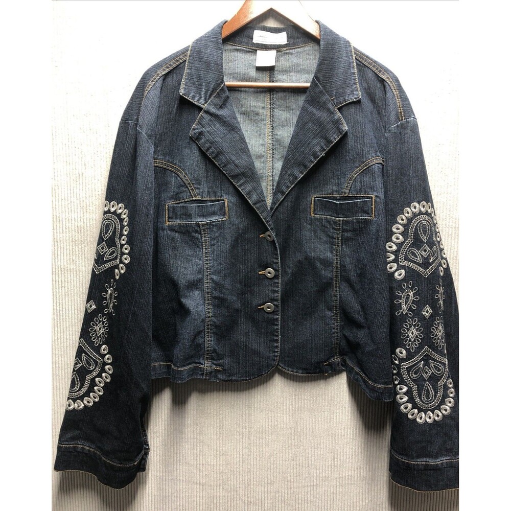 Jamie Nicole Womens Denim Jacket Size 24 Cropped Silver Embroidery Statement